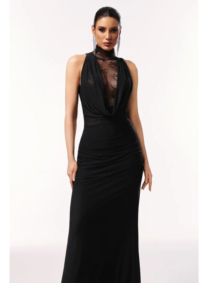 Guga Halter Sleeveless Lace Wrinkle Maxi Dress